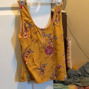 New Yellow Floral Cropped Zipper Tank Top